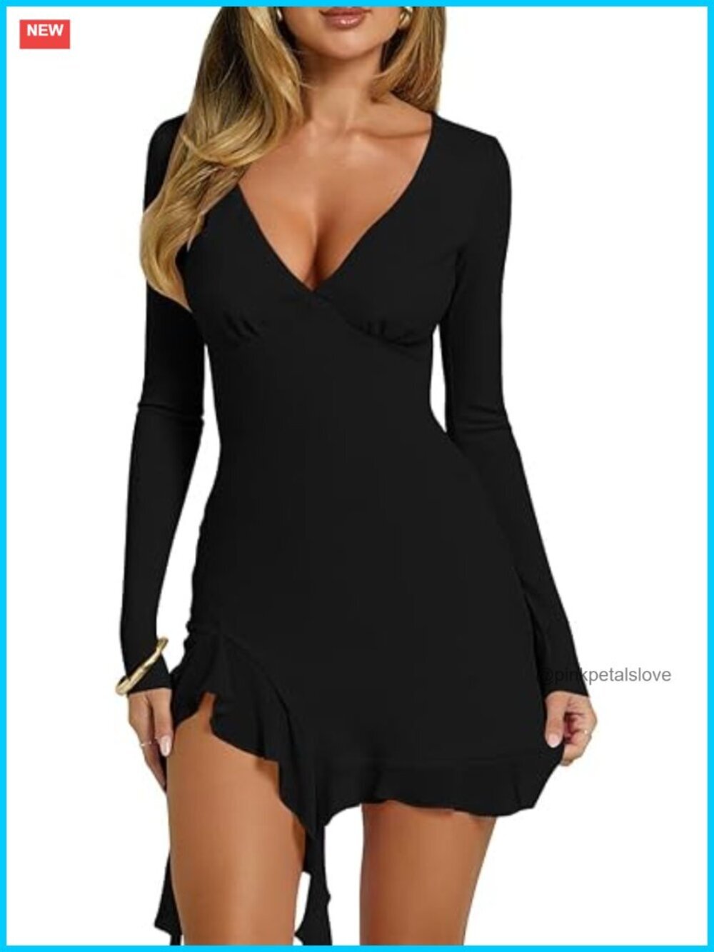 Sexy Bodycon V Neck Long Sleeve Mesh Ruffle Hem Cocktail Slit Mini Dress